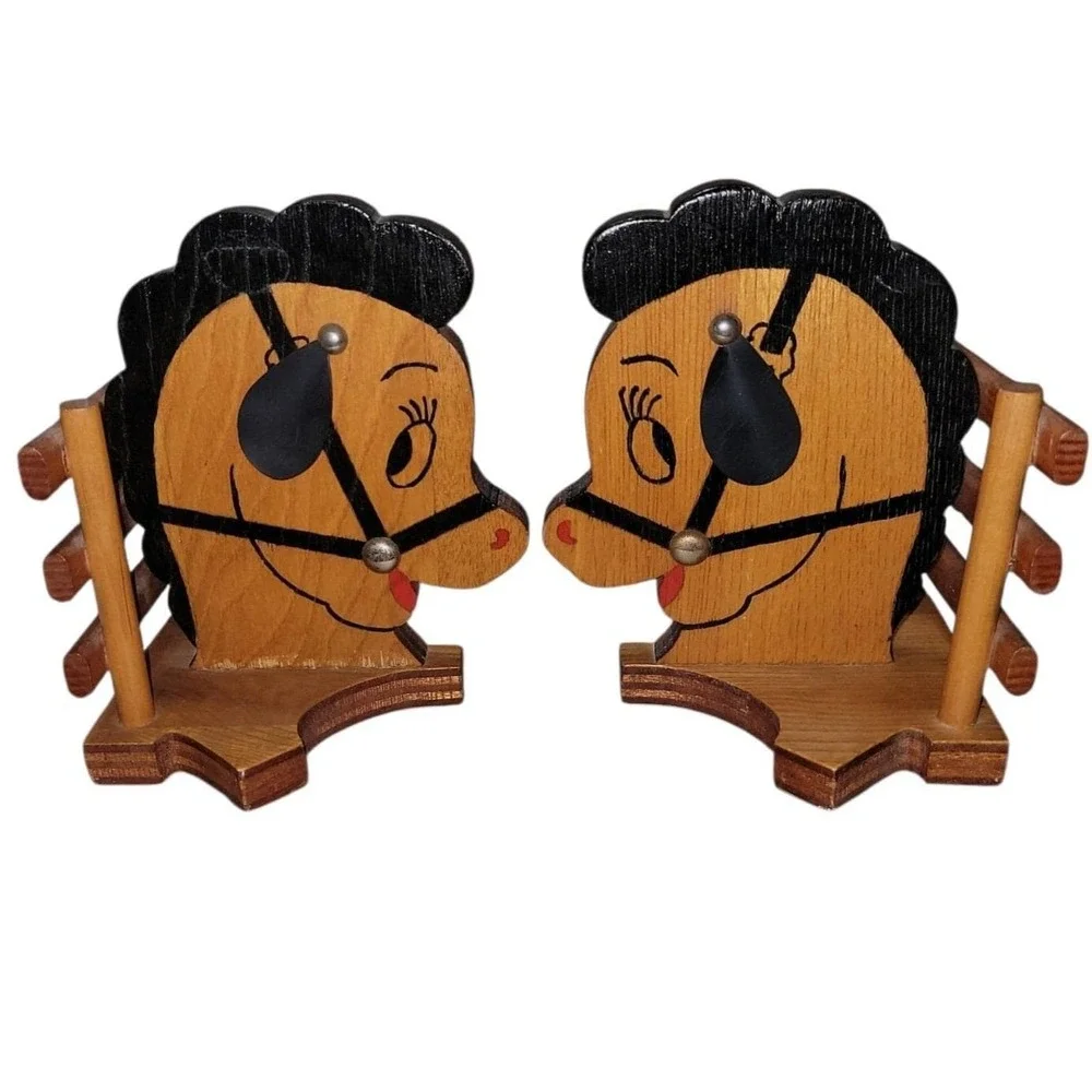 Vintage Wooden Horse Bookends Pair Hand Painted Nursery Folk Art Decor